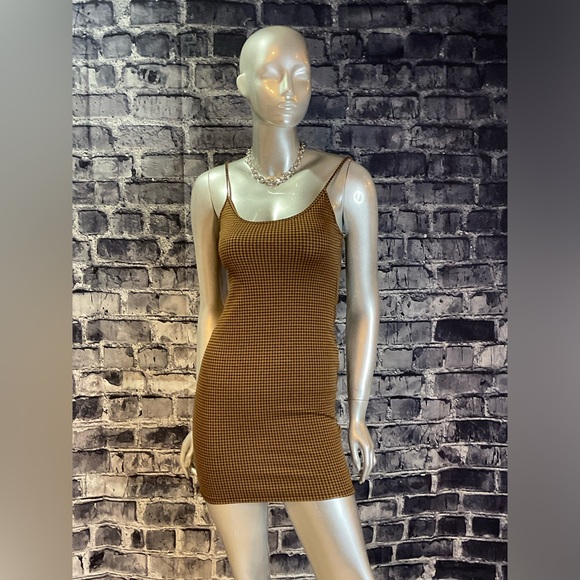 Tan Brown Check Mini Bodycon Summer Dress - Picture 9 of 9